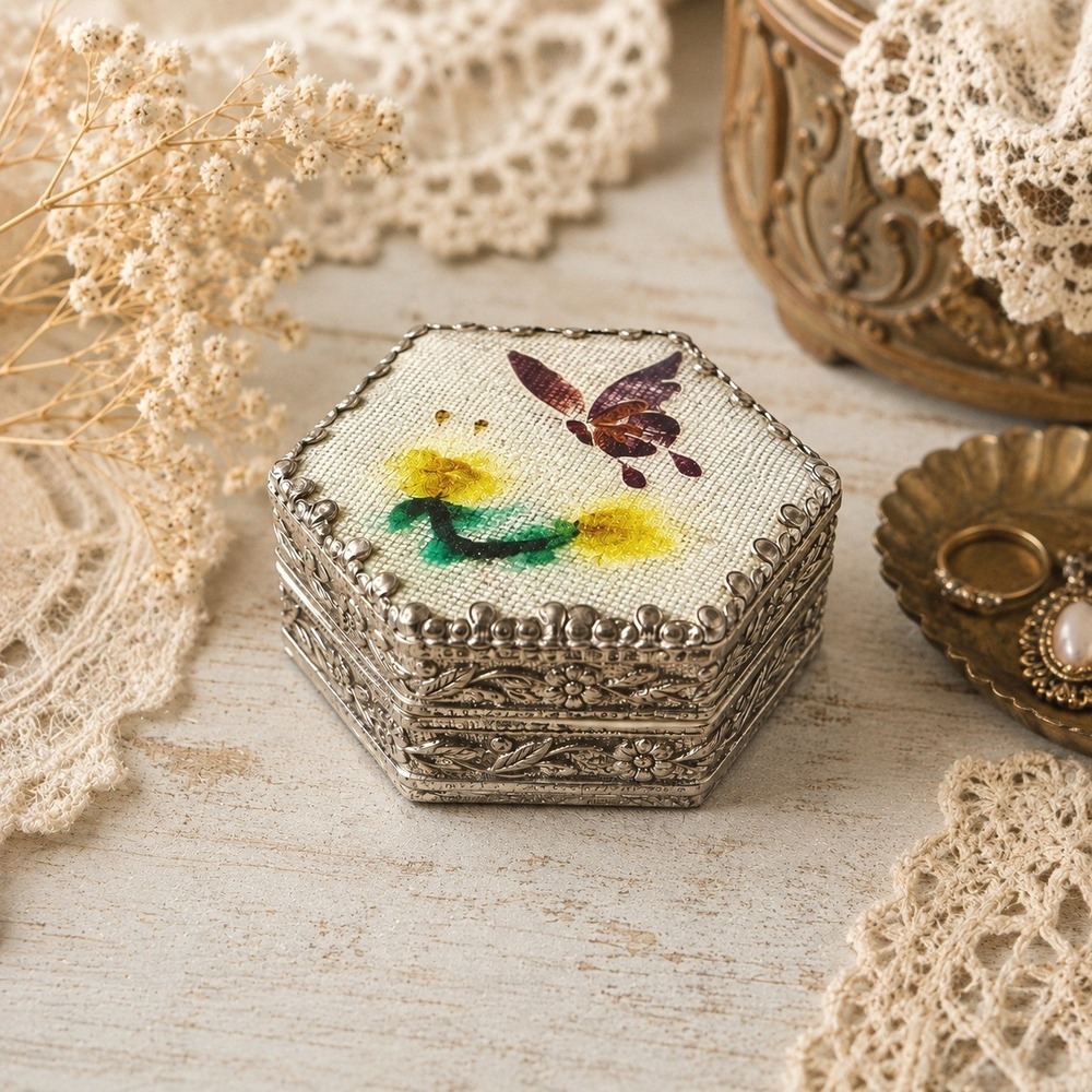 Vintage Silver Tone Hexagon Trinket Box Butterfly Floral Vanity Jewelry Box